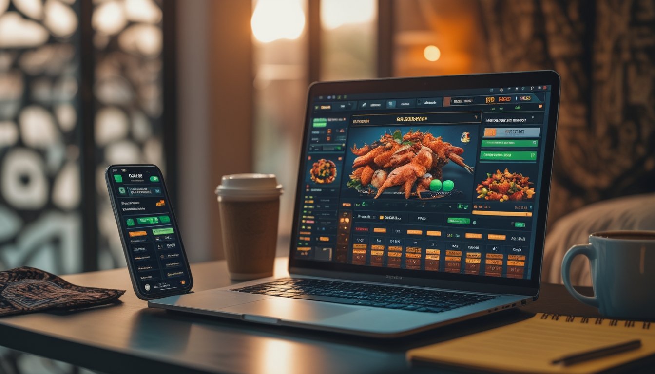 Sebuah meja kerja dengan laptop yang menampilkan platform sabung ayam online, dikelilingi oleh smartphone, cangkir kopi, dan catatan, dengan latar belakang yang samar dan pencahayaan hangat.