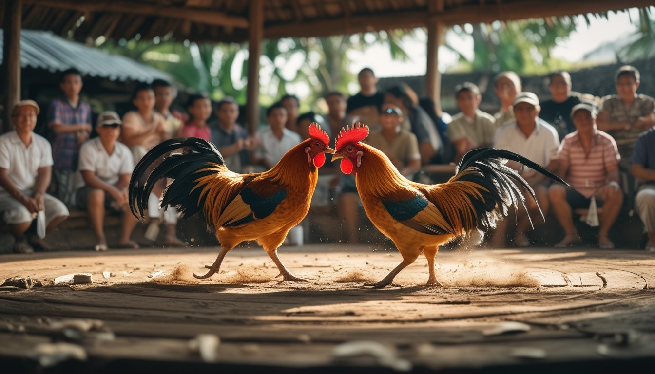Dua ayam aduan sedang bertarung di arena kayu dengan penonton yang antusias mengamati di sekitarnya.