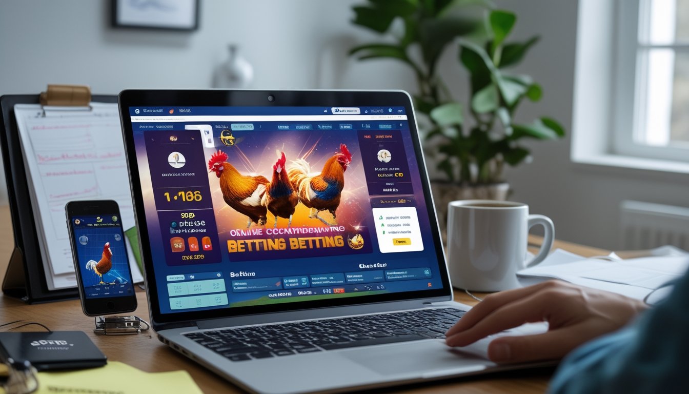 Seorang pengguna di depan laptop dengan tampilan situs taruhan sabung ayam online, dikelilingi catatan dan ponsel di meja kerja.
