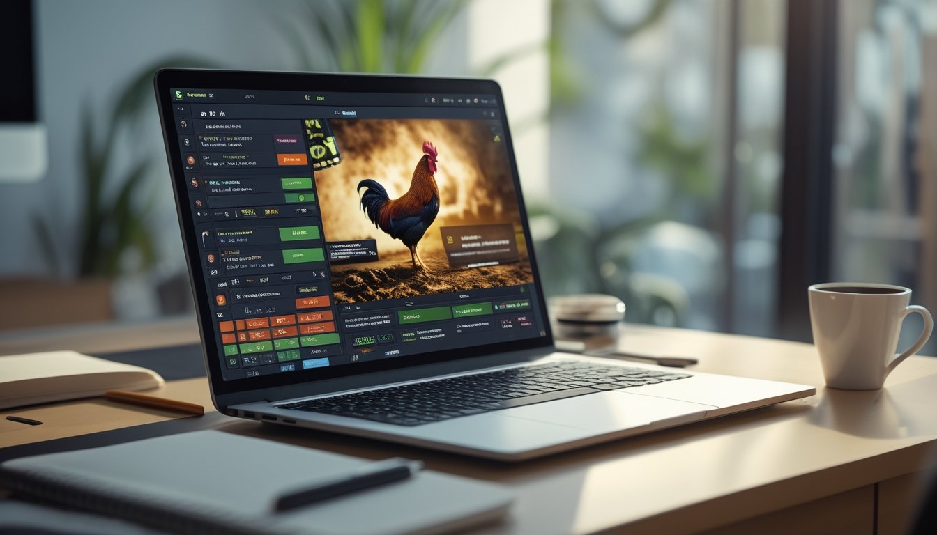 Meja kerja dengan laptop menampilkan gambar ayam jago, dikelilingi alat tulis dan cangkir kopi, dengan cahaya alami masuk dari jendela.