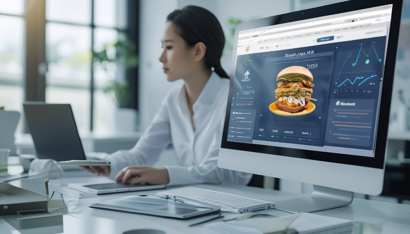 Seseorang sedang bekerja dengan komputer dan perangkat digital di meja kantor yang rapi, menampilkan platform online terkait Sabung Ayam 99k.