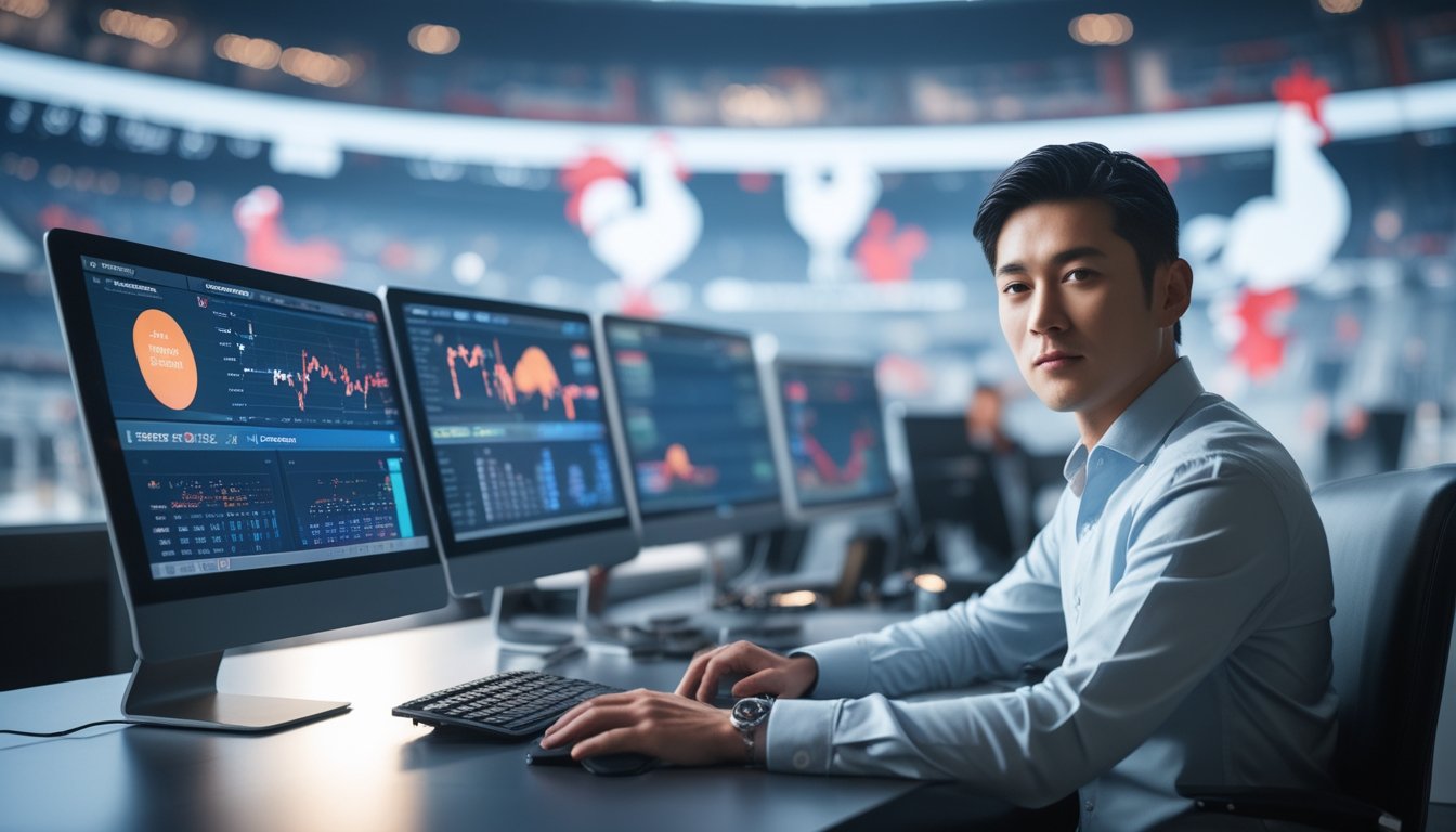 Seorang analis bisnis muda duduk di depan layar komputer yang menampilkan grafik dan data, dengan latar belakang arena sabung ayam yang samar.