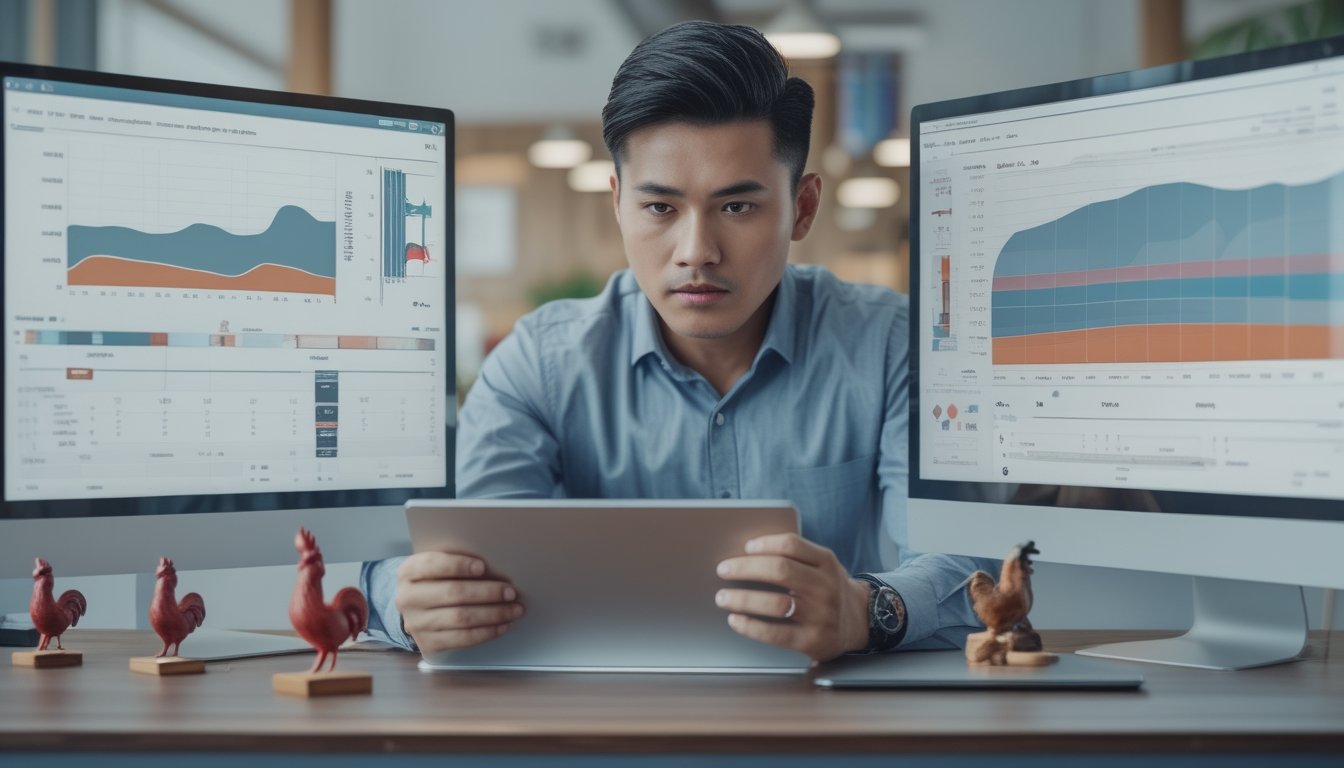 Seorang pria fokus menganalisis data dan grafik di beberapa layar digital dalam ruangan kantor modern dengan dekorasi tradisional Indonesia.
