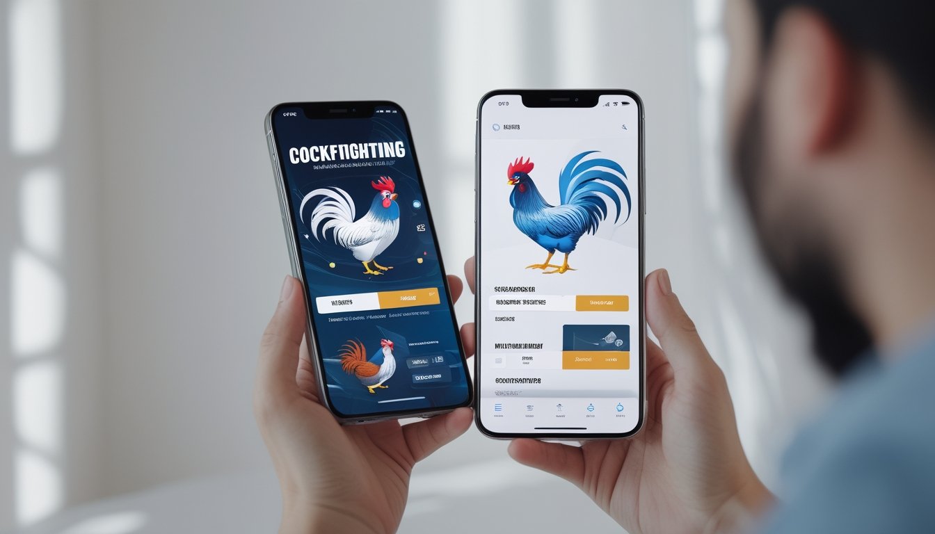 Seseorang memegang smartphone yang menampilkan aplikasi mobile dengan ilustrasi ayam jago yang dinamis di layar.