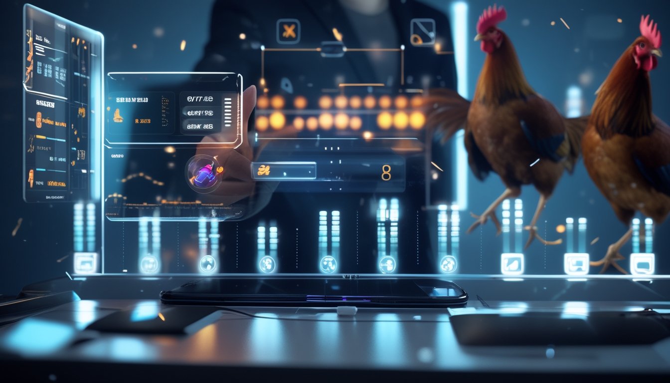 Seseorang menggunakan ponsel dengan latar belakang gambar abstrak ayam jago dalam pose dinamis.