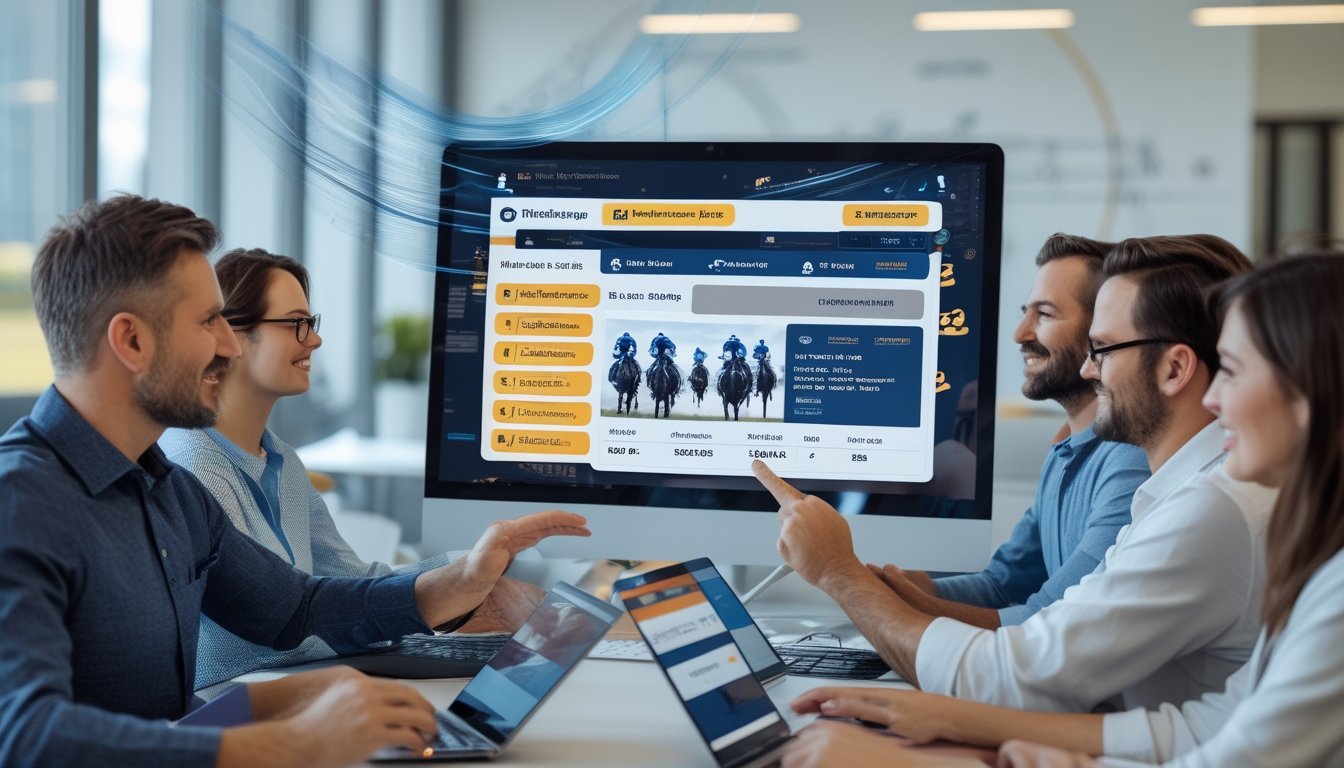 Orang-orang menggunakan perangkat digital di kantor dengan latar belakang elemen balap kuda yang modern dan dinamis.