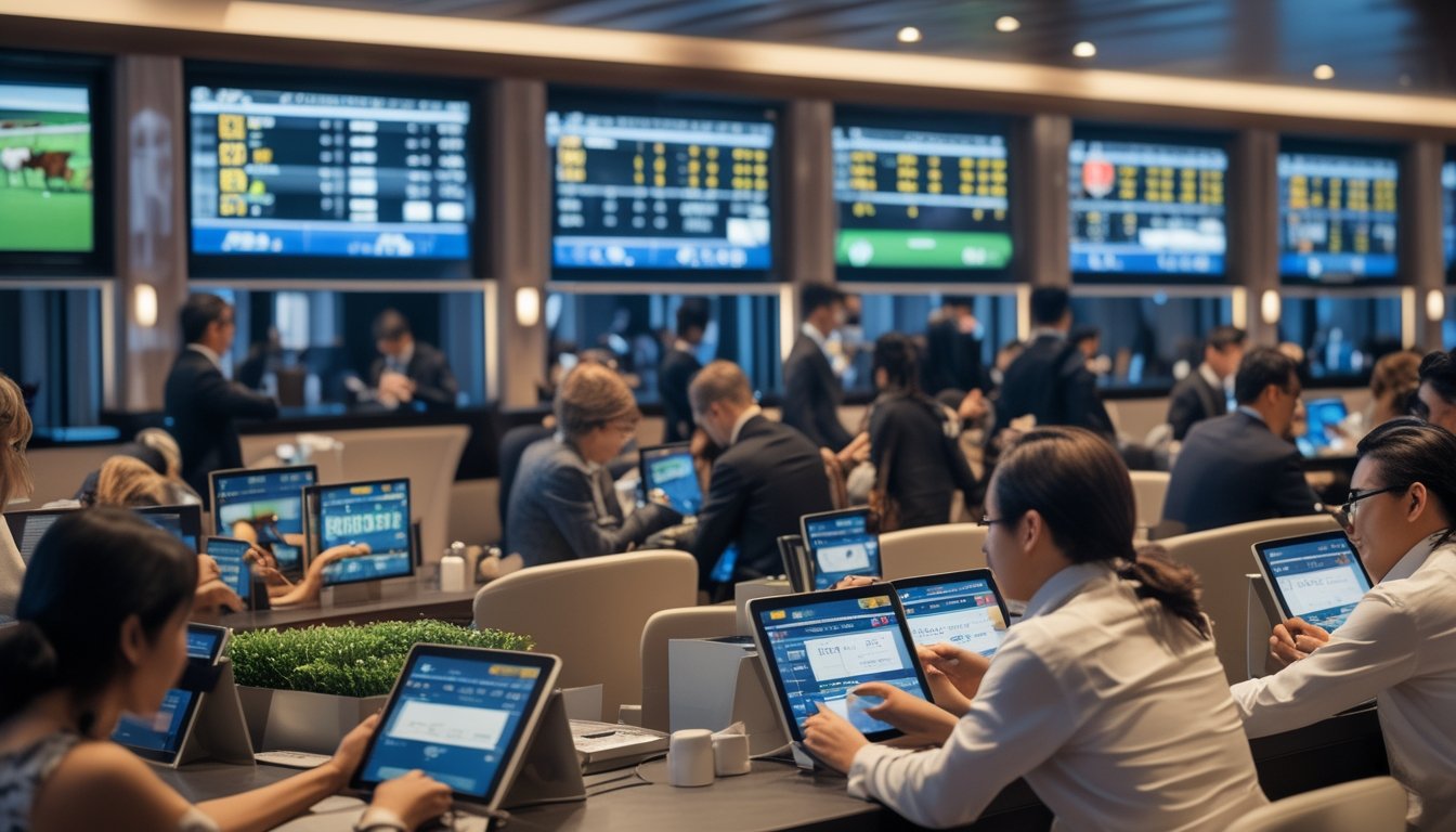 Orang-orang di ruang taruhan pacuan kuda internasional sedang memasang taruhan menggunakan perangkat digital dengan layar besar menampilkan balapan kuda di latar belakang.