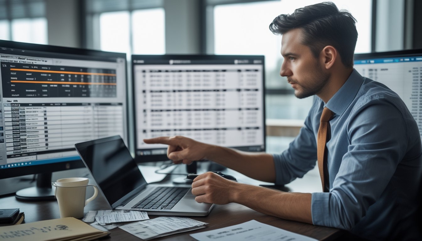 Seorang pria sedang menganalisis data balap kuda di depan beberapa layar komputer di kantor modern.