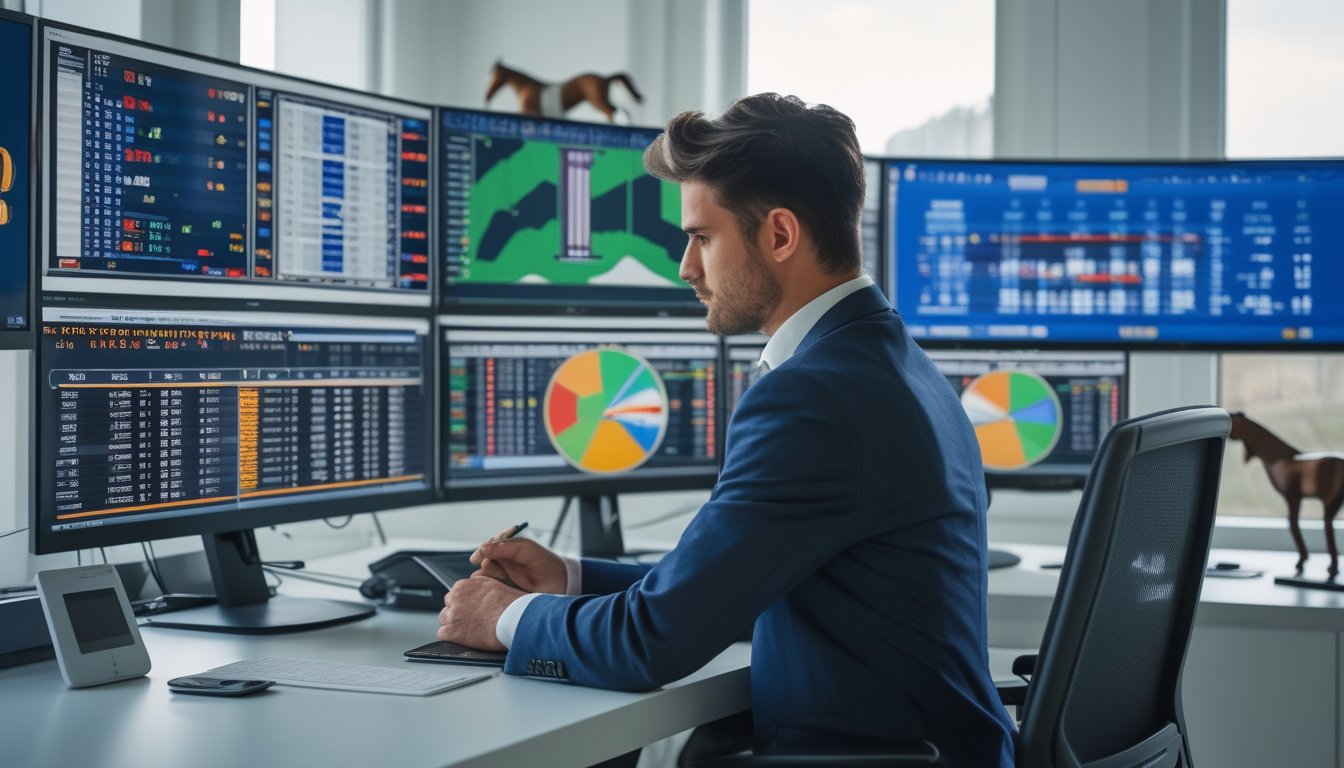 Seorang analis duduk di meja dengan layar komputer yang menampilkan data dan grafik balap kuda, sedang mempelajari informasi dengan serius di ruangan terang.