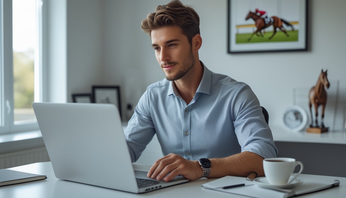 Seorang pria muda duduk di meja dengan laptop terbuka, terlihat fokus dan santai di ruang kerja di rumah dengan dekorasi bertema pacuan kuda.