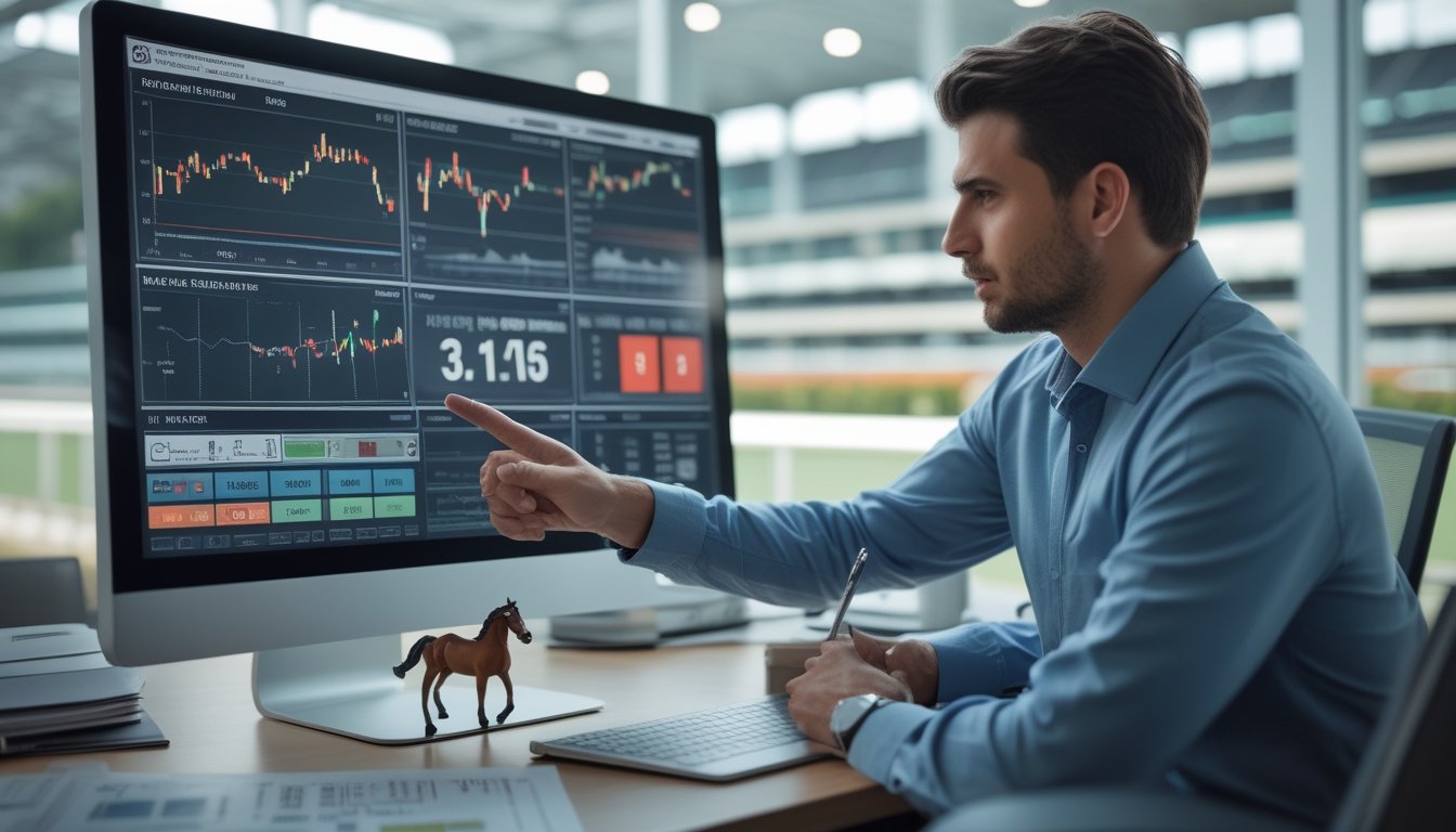 Seorang analis sedang menunjukkan grafik statistik balap kuda di depan komputer di kantor dengan latar belakang lintasan balap kuda.