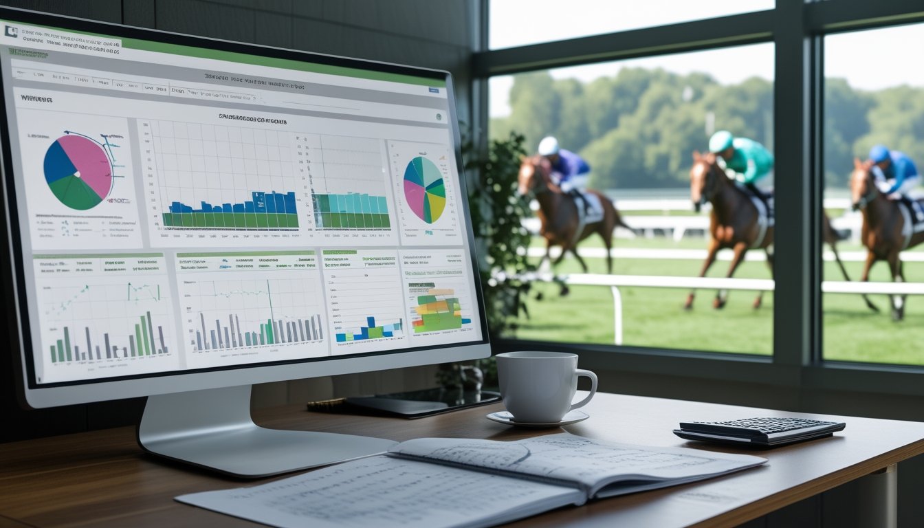 Ruang kerja dengan komputer yang menampilkan grafik statistik balap kuda dan jendela yang menghadap ke lintasan balap dengan kuda dan joki sedang berlomba.