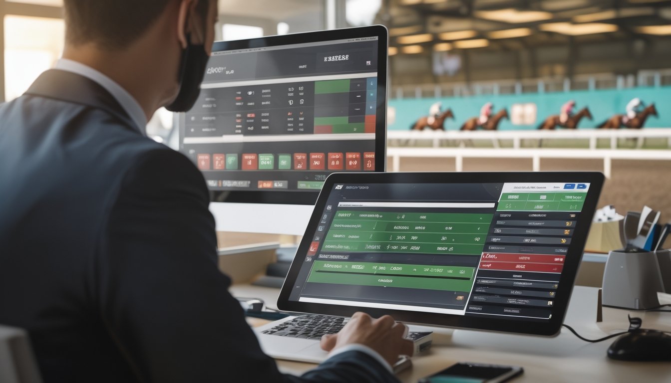 Seorang agen judi pacuan kuda yang profesional sedang berinteraksi dengan klien di kantor modern dengan layar komputer menampilkan data pacuan kuda.