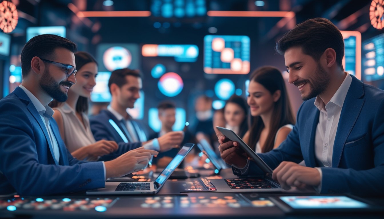 Orang-orang yang sedang bermain permainan kasino online menggunakan perangkat digital di lingkungan modern dan futuristik.