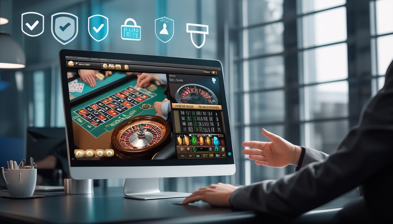 Seorang pengguna sedang bermain live casino online di komputer dengan latar ruang kerja yang rapi dan simbol keamanan digital terlihat di layar.
