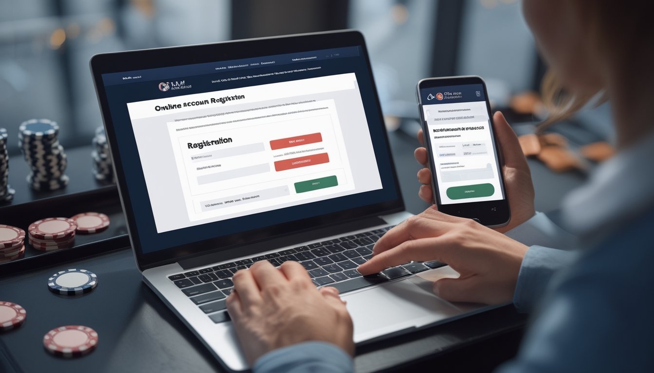 Seseorang sedang menggunakan laptop dan ponsel untuk mendaftar akun live casino dan melakukan deposit e-wallet tanpa potongan.