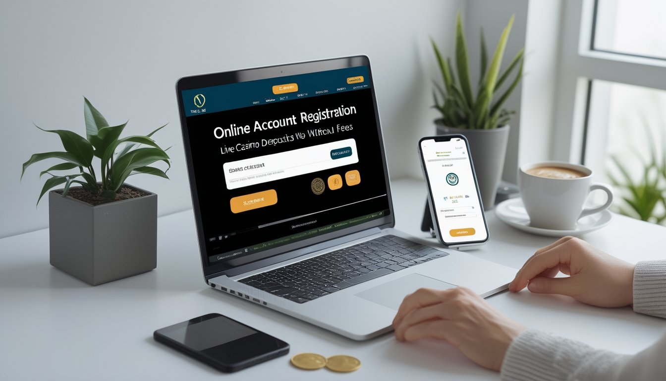 Seseorang menggunakan laptop dan ponsel pintar di meja kerja untuk mendaftar akun dan melakukan deposit e-wallet.