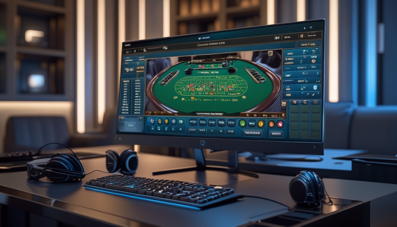 Sebuah meja komputer dengan layar menampilkan permainan baccarat online, di dalam ruangan modern dengan pencahayaan hangat dan perangkat gaming di sekitar.