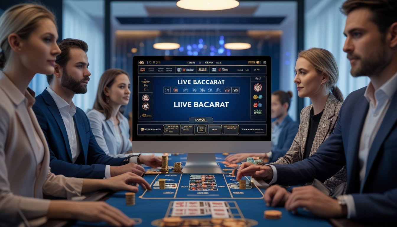 Beberapa orang bermain dan mengamati permainan baccarat online di sebuah ruangan dengan komputer dan perlengkapan permainan.