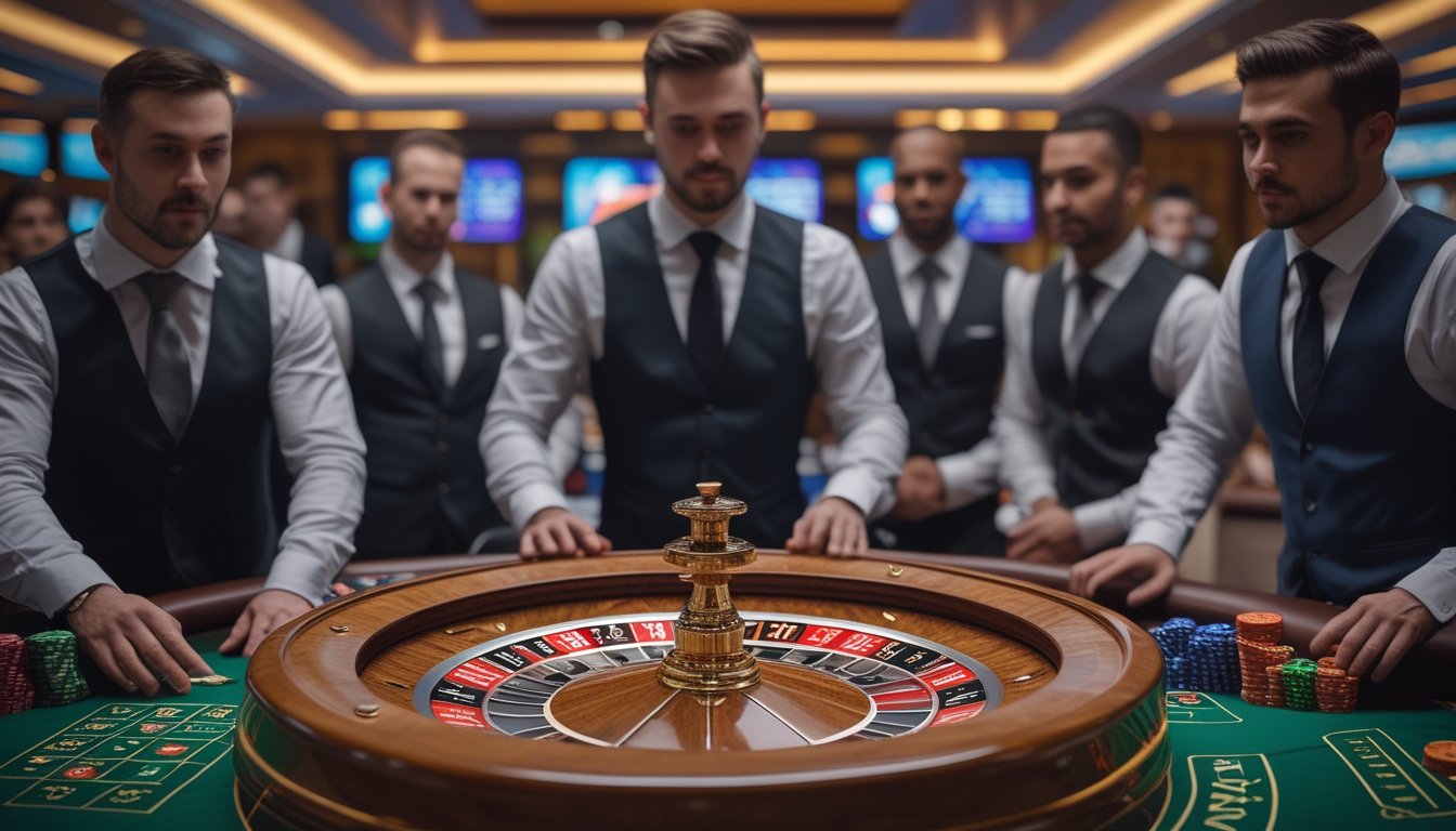 Meja roulette besar dengan dealer profesional yang sedang mengelola permainan di kasino online langsung.