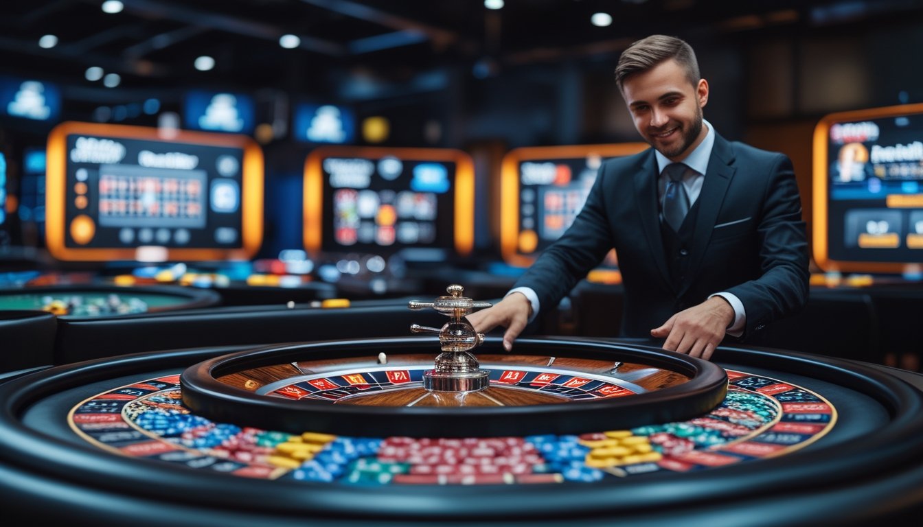 Seorang dealer profesional sedang mengelola permainan roulette online dengan meja roulette digital dan chip taruhan di lingkungan kasino modern.