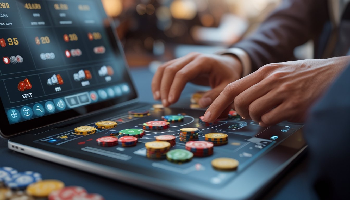 Seorang pemain sedang fokus bermain permainan Sic Bo online di perangkat digital dengan dadu dan chip taruhan terlihat di layar.