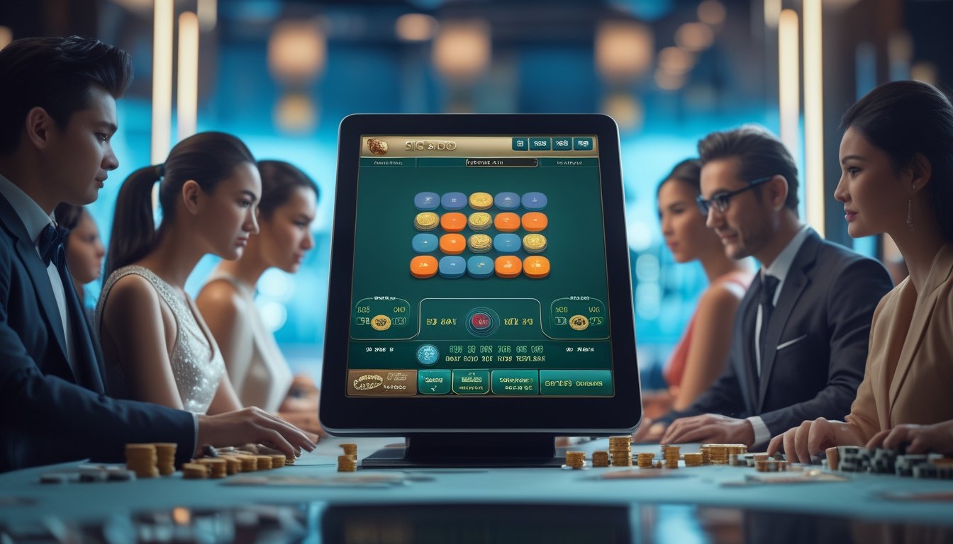 Beberapa orang bermain permainan Sic Bo online di depan layar komputer dalam suasana kasino modern.