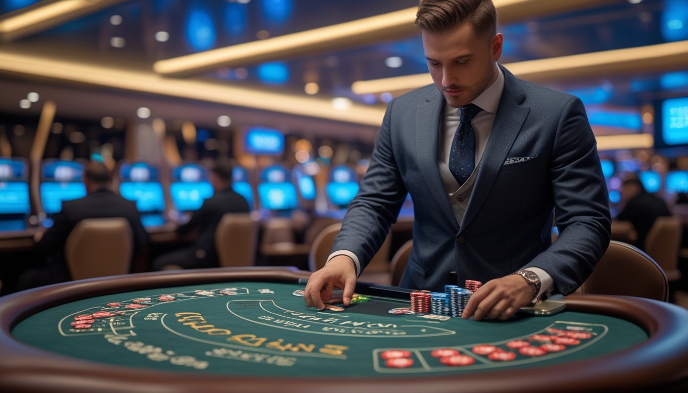 Meja blackjack di kasino langsung dengan dealer dan beberapa pemain yang sedang bermain kartu.