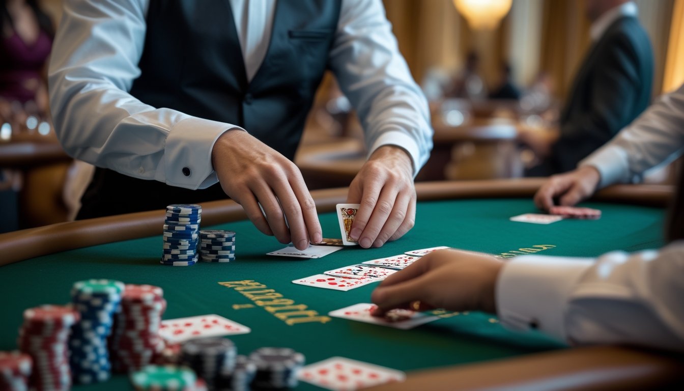 Meja blackjack di kasino dengan dealer dan pemain yang sedang bermain kartu.