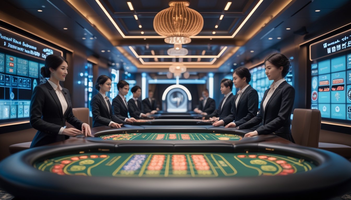 Suasana kasino langsung modern dengan dealer dan pemain di meja permainan di Asia.
