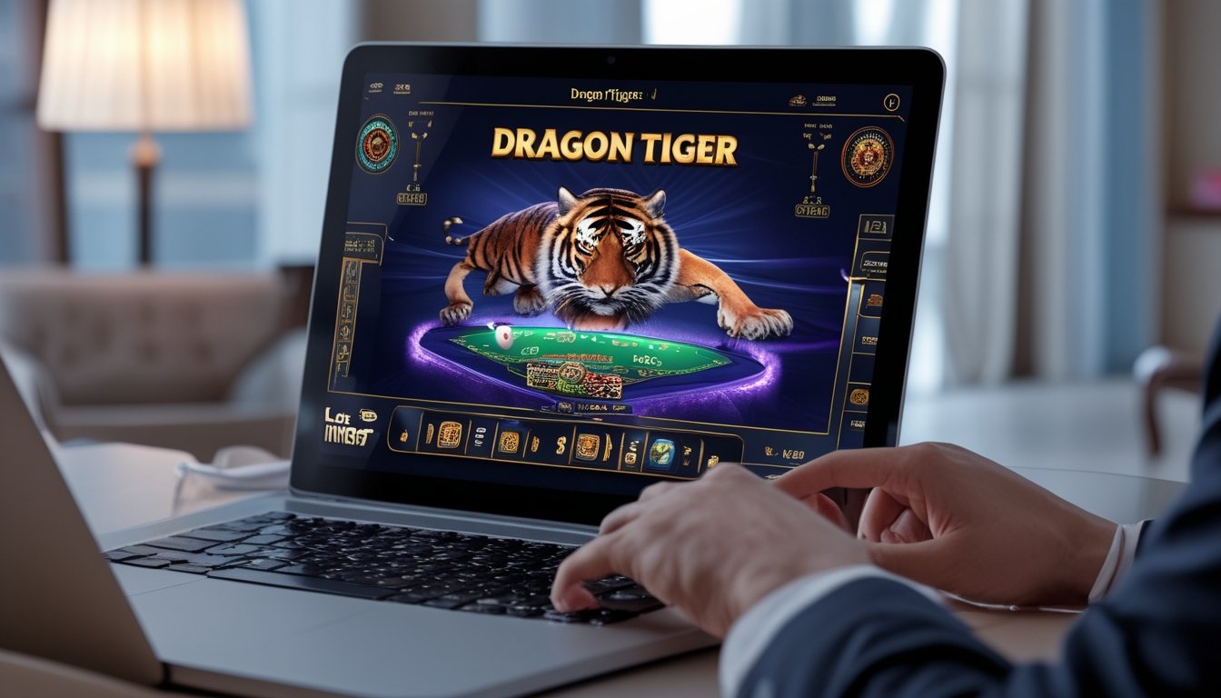 Seseorang yang sedang bermain permainan Dragon Tiger di kasino online menggunakan laptop di lingkungan rumah yang nyaman.