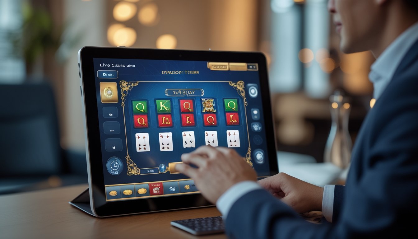 Seseorang menggunakan perangkat digital untuk bermain permainan Dragon Tiger di kasino online dengan latar belakang ruangan yang nyaman.