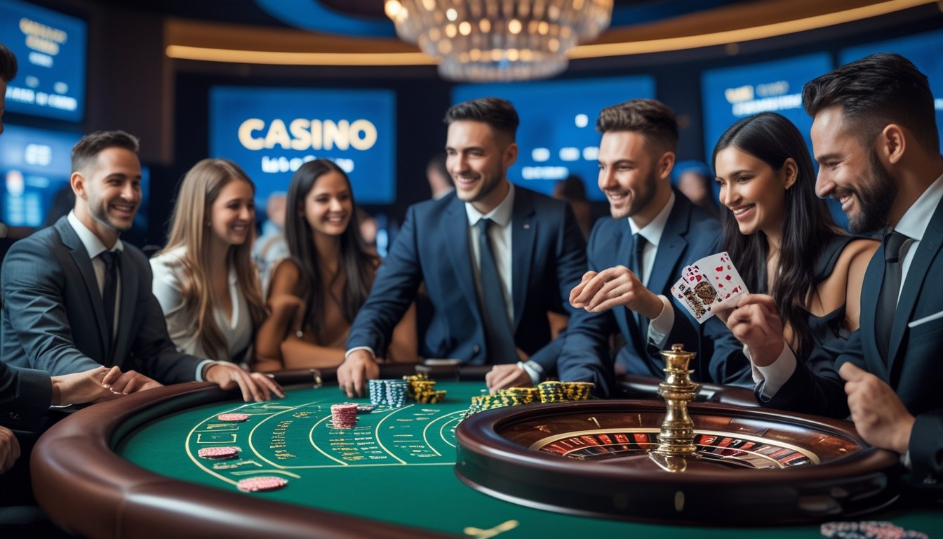 Suasana kasino langsung dengan meja permainan, chip poker, dan pemain yang sedang menikmati permainan.