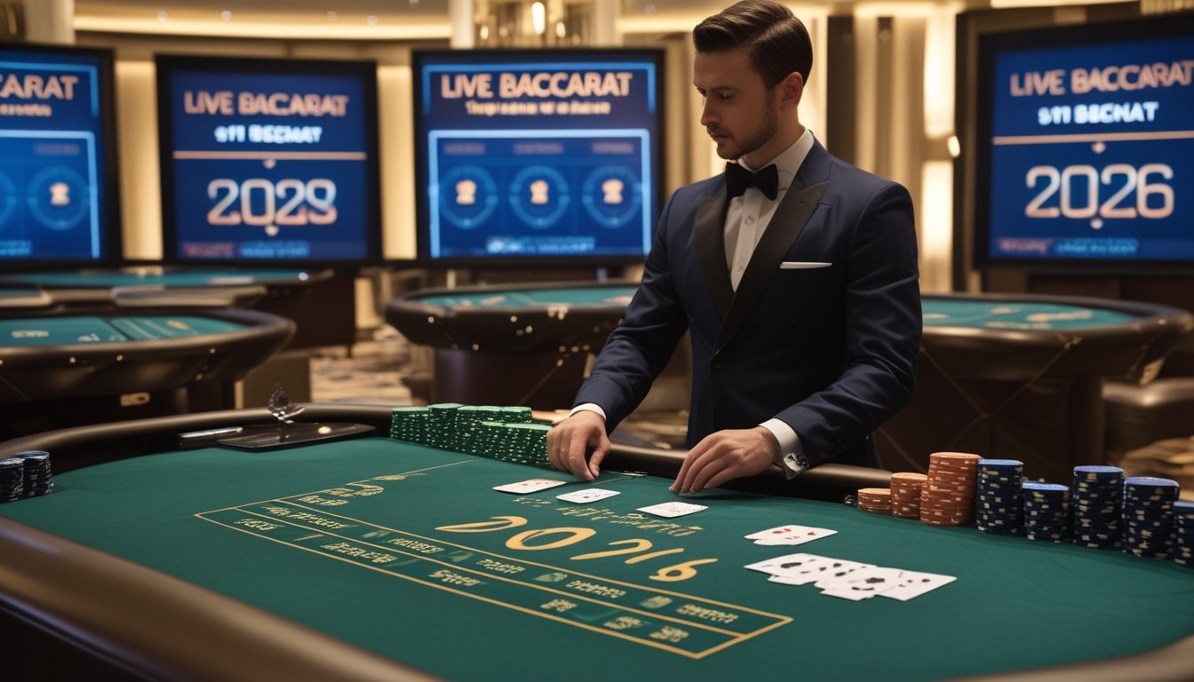Meja baccarat live dengan dealer profesional dan layar digital menampilkan statistik tren permainan.