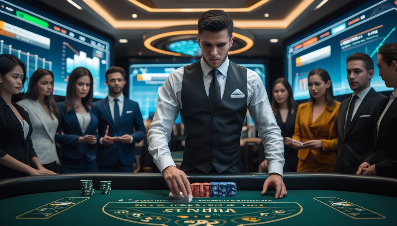 Seorang dealer membagikan kartu baccarat di meja hijau dengan beberapa pemain yang fokus mengamati permainan dan layar besar menampilkan statistik permainan di latar belakang.