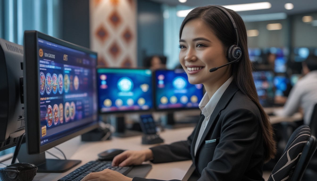 Seorang staf layanan pelanggan kasino langsung yang ramah sedang bekerja di kantor modern dengan layar komputer menampilkan permainan kasino.