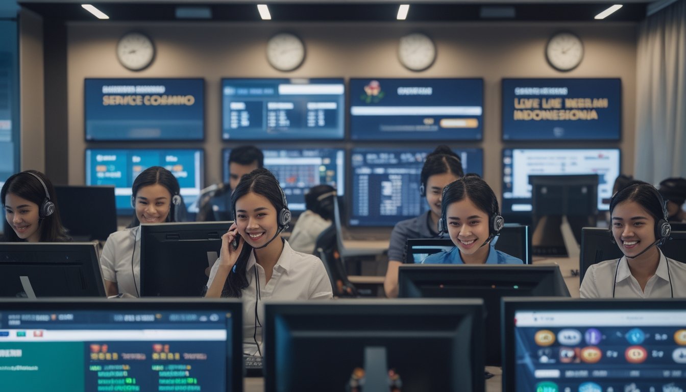Tim layanan pelanggan yang ramah sedang bekerja di pusat layanan dengan komputer dan headset, menunjukkan layanan 24 jam untuk situs live casino Indonesia.