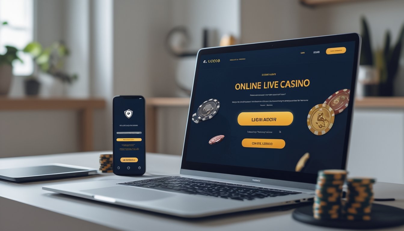 Meja kerja modern dengan laptop dan ponsel yang menampilkan halaman login situs live casino terpercaya.