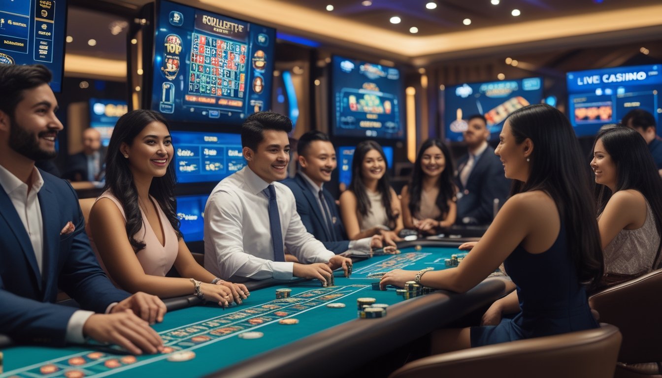 Suasana kasino online dengan pemain yang sedang bermain berbagai permainan kasino langsung seperti roulette dan blackjack.