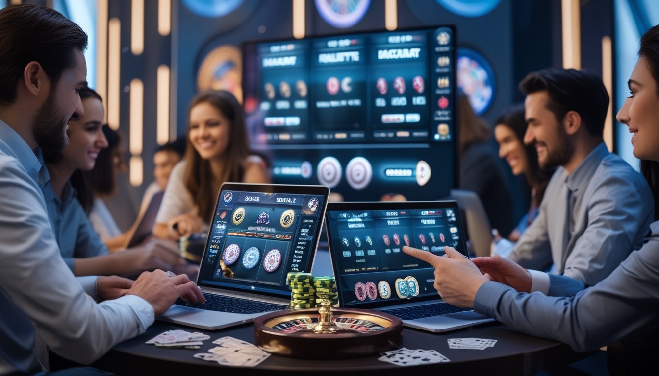 Orang-orang menggunakan laptop dan ponsel untuk bermain permainan kasino langsung online dengan latar belakang elemen kasino seperti chip dan roda roulette.