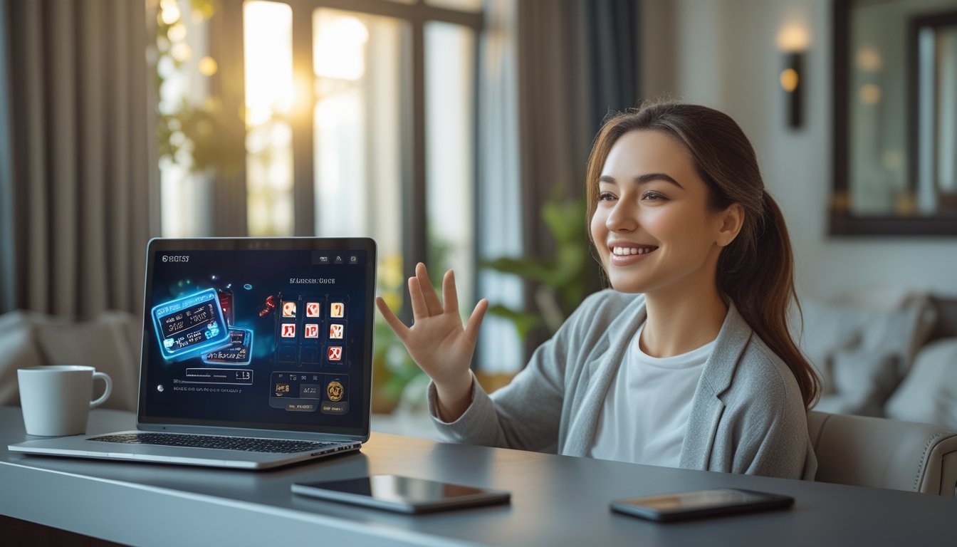 Seorang wanita muda tersenyum duduk di depan laptop dengan tampilan permainan kasino langsung di ruang tamu yang terang dan rapi.