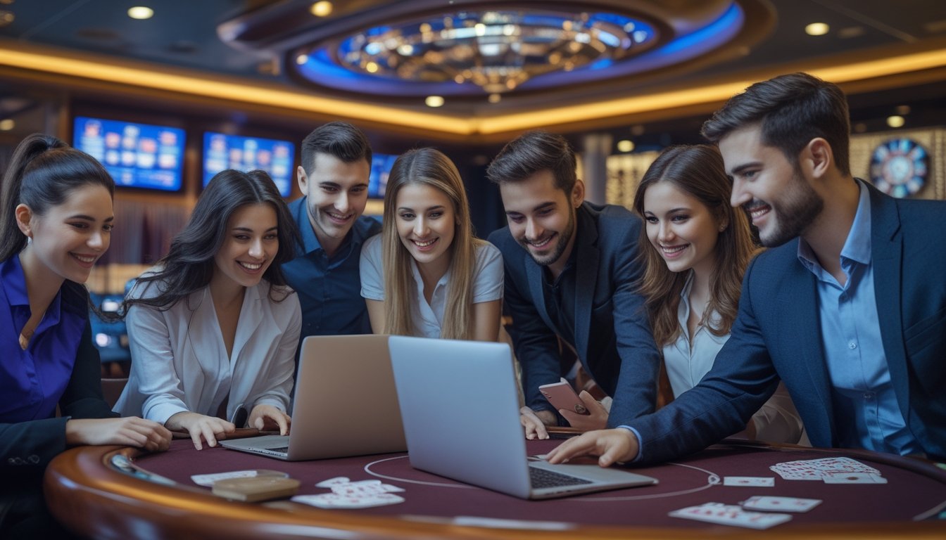 Sekelompok orang muda menggunakan laptop dan ponsel di lingkungan kasino modern yang cerah dan ramai.