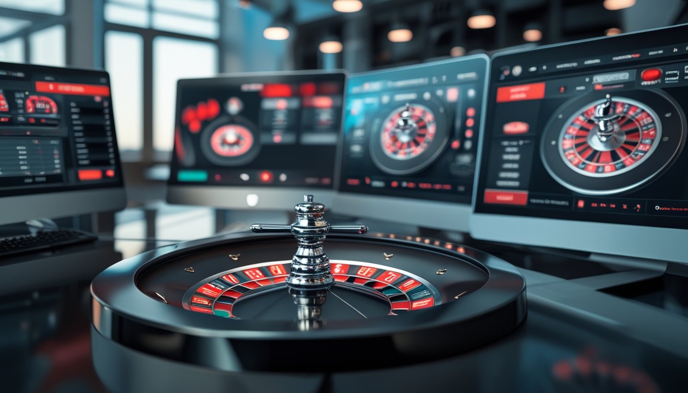 Ruang permainan dengan roda roulette berputar dan layar komputer menampilkan siaran langsung permainan roulette online.