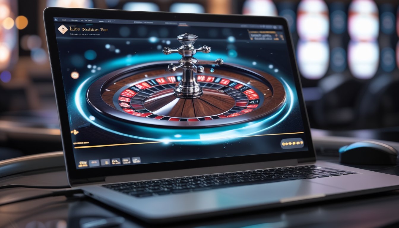 Sebuah komputer menampilkan roda roulette online yang berputar dengan latar belakang suasana kasino digital yang modern.