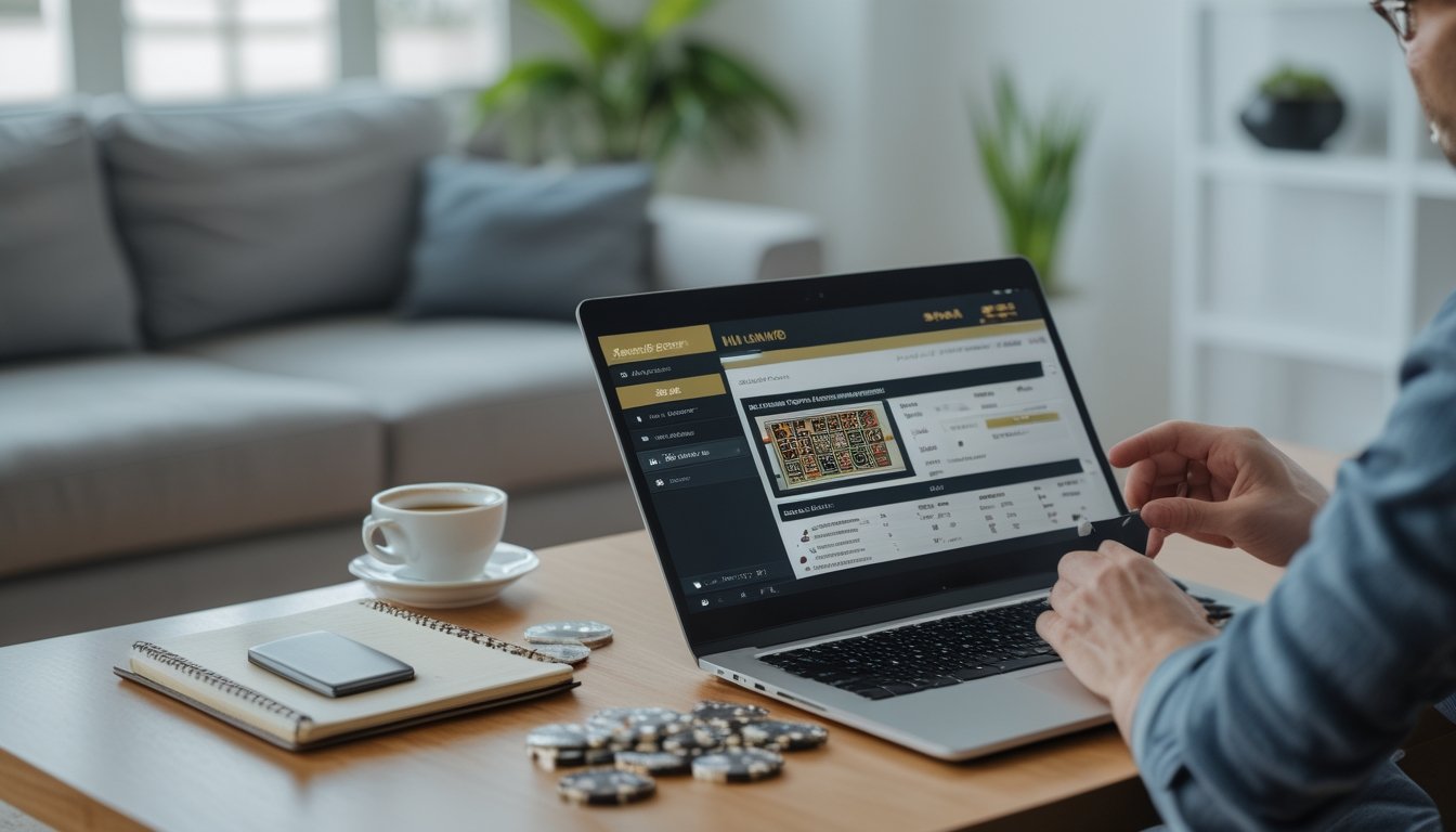 Seseorang duduk di ruang tamu modern, fokus mengelola modal saat bermain live casino dengan laptop dan catatan keuangan di meja.