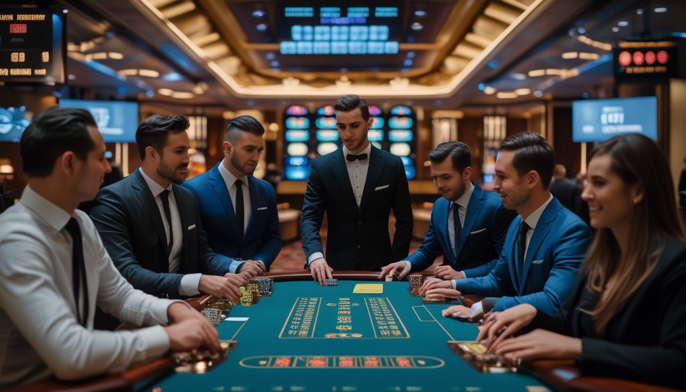 Suasana kasino langsung dengan meja permainan hijau dan pemain berpakaian rapi sedang bermain blackjack dengan dealer di latar belakang.