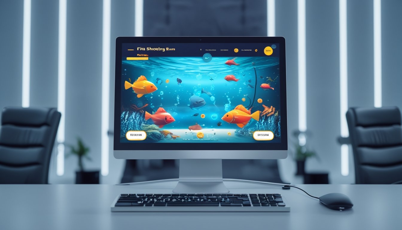 Seorang pemain sedang bermain permainan tembak ikan online dengan layar komputer menampilkan ikan berwarna-warni di bawah laut.