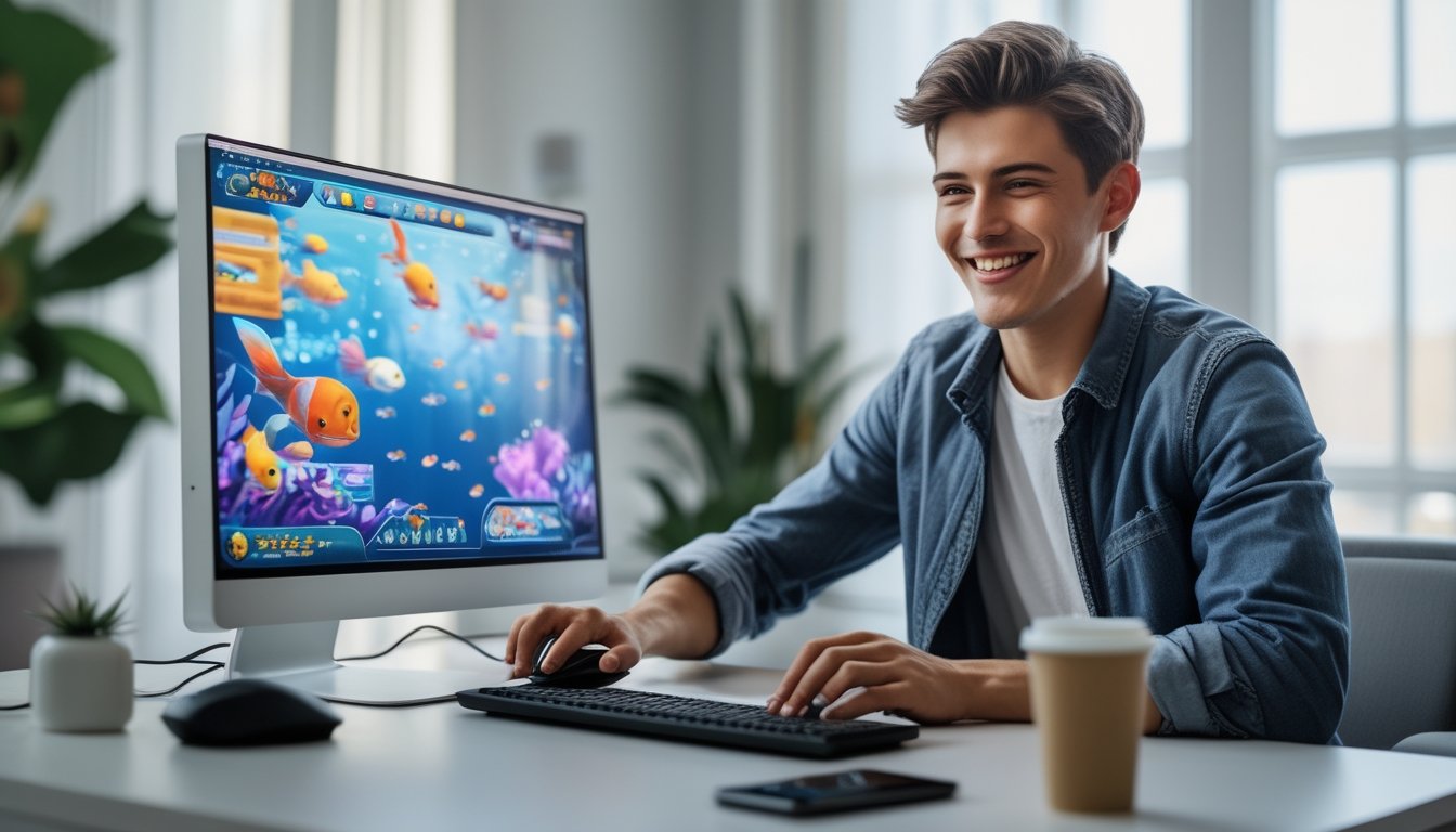 Seseorang bermain game tembak ikan online di komputer di ruang kerja rumah yang terang dan nyaman.