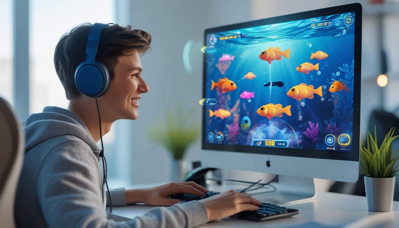 Seorang pemain muda sedang bermain permainan tembak ikan online di komputer dengan latar belakang tema bawah laut.
