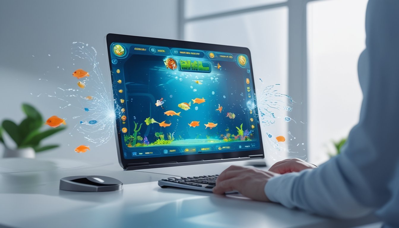 Layar komputer atau ponsel menampilkan permainan tembak ikan dengan grafis bawah laut berwarna-warni dan ikon transaksi digital di sekitarnya.